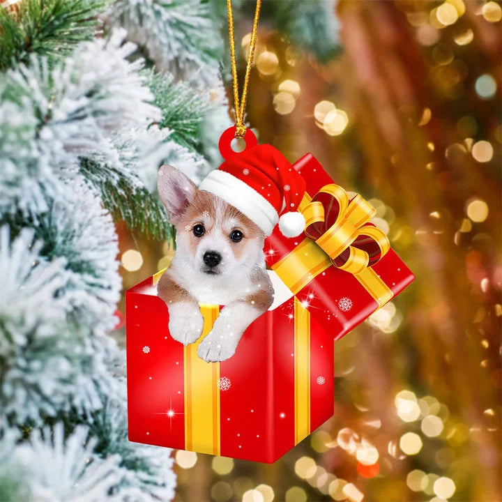 Corgi In Red Gift Box Christmas Ornaments, Custom Shape Ornament for Christmas Dog Lovers, Dog Mom