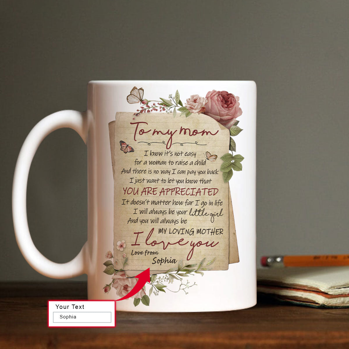 Gift For Mom Personalized Mug - Daughter to mom, Vintage letter, Garden rose Mug, You Are Appreciated - Custom Gift For Mother's Day, Presents for Mom