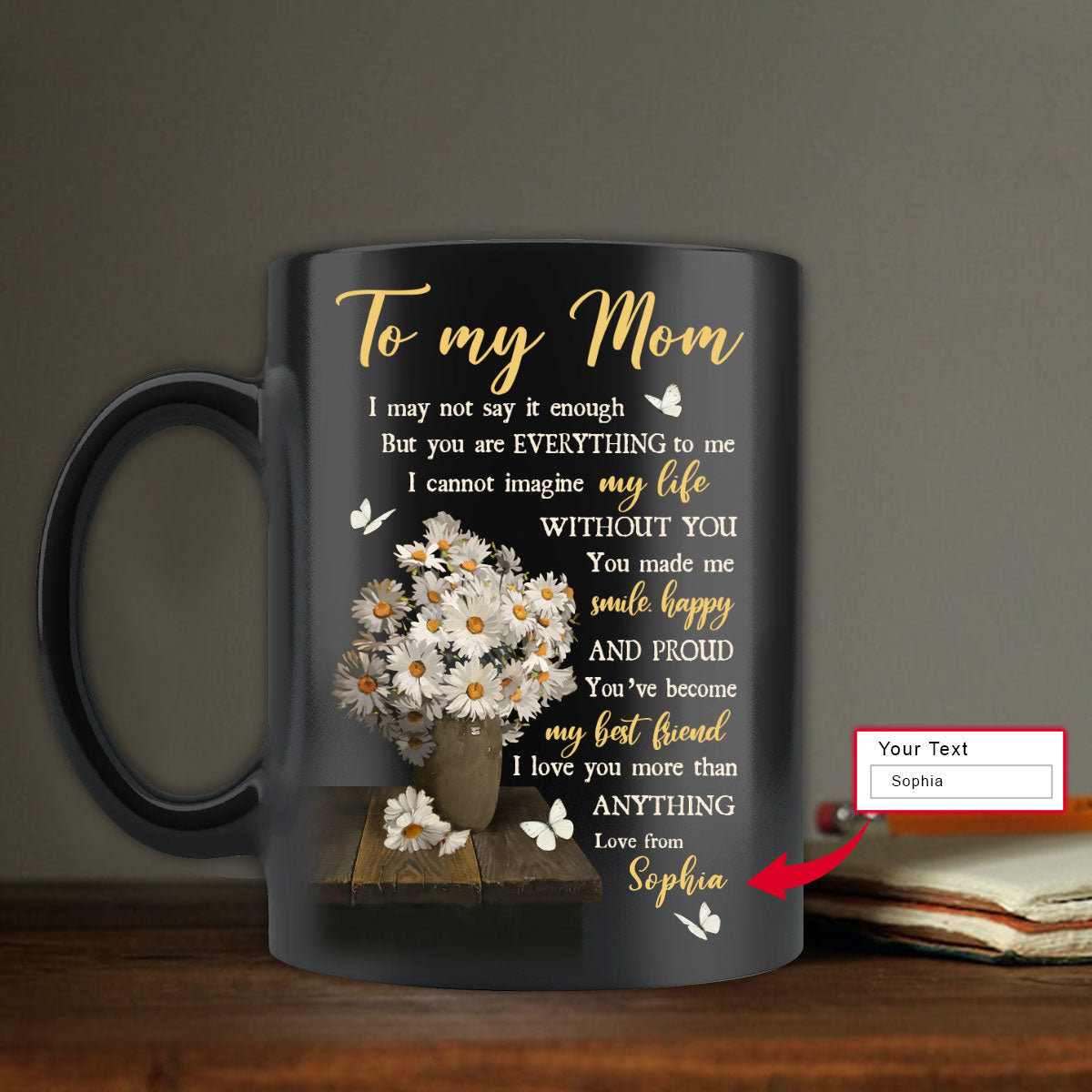Gift For Mom Personalized Mug - Daughter to mom, Daisy vase, White butterfly Mug - Custom Gift For Mother's Day, Presents for Mom