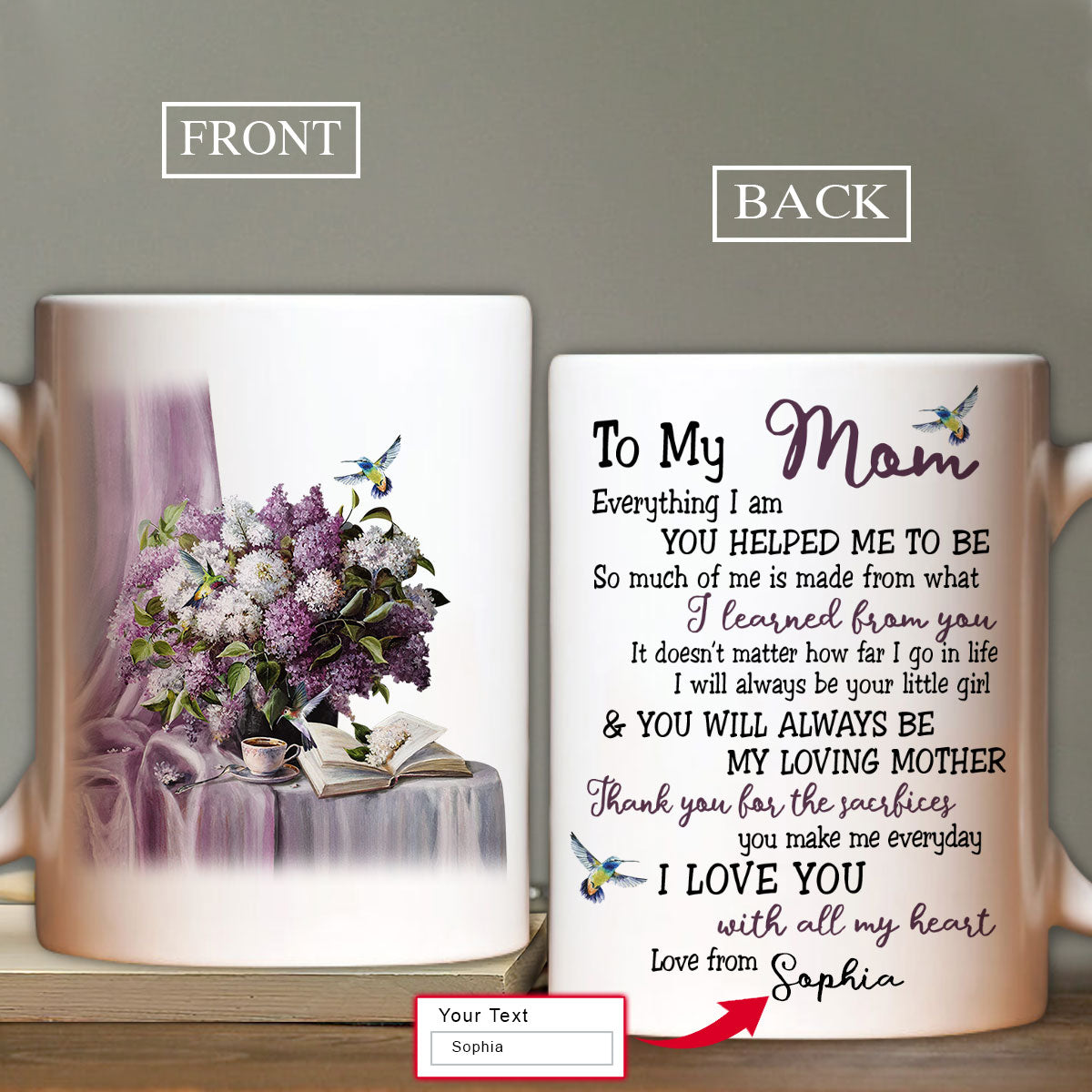 Gift For Mom Personalized Mug - Daughter to mom, Purple hydrangea, Hummingbird Mug - Custom Gift For Mother's Day, Presents for Mom