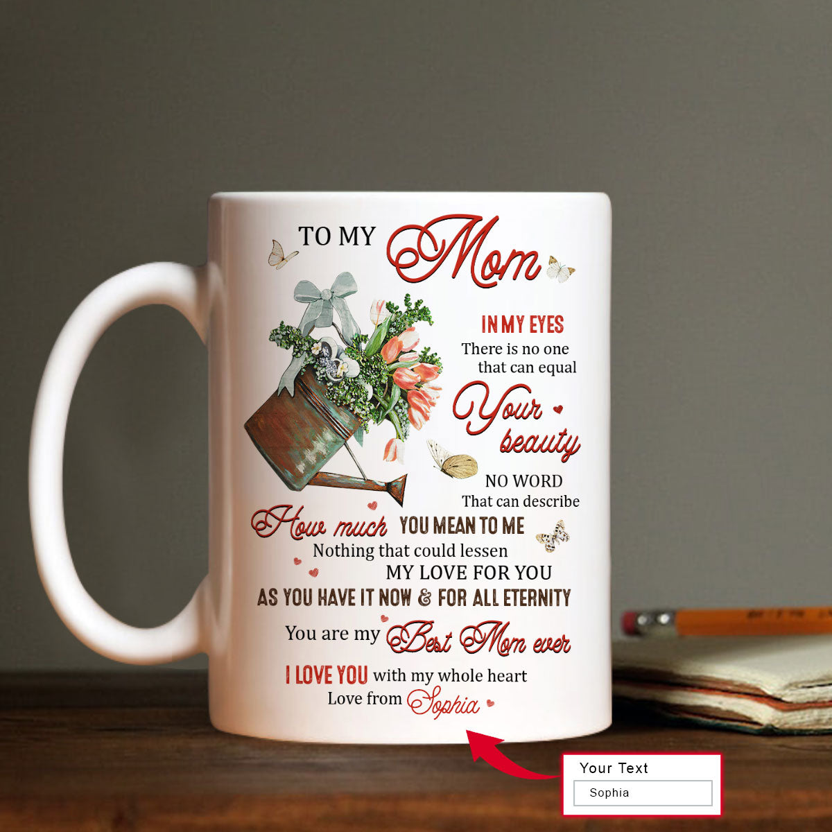 Gift For Mom Personalized Mug - Daughter to mom, Tulip flower, White butterfly Mug - Custom Gift For Mother's Day, Presents for Mom