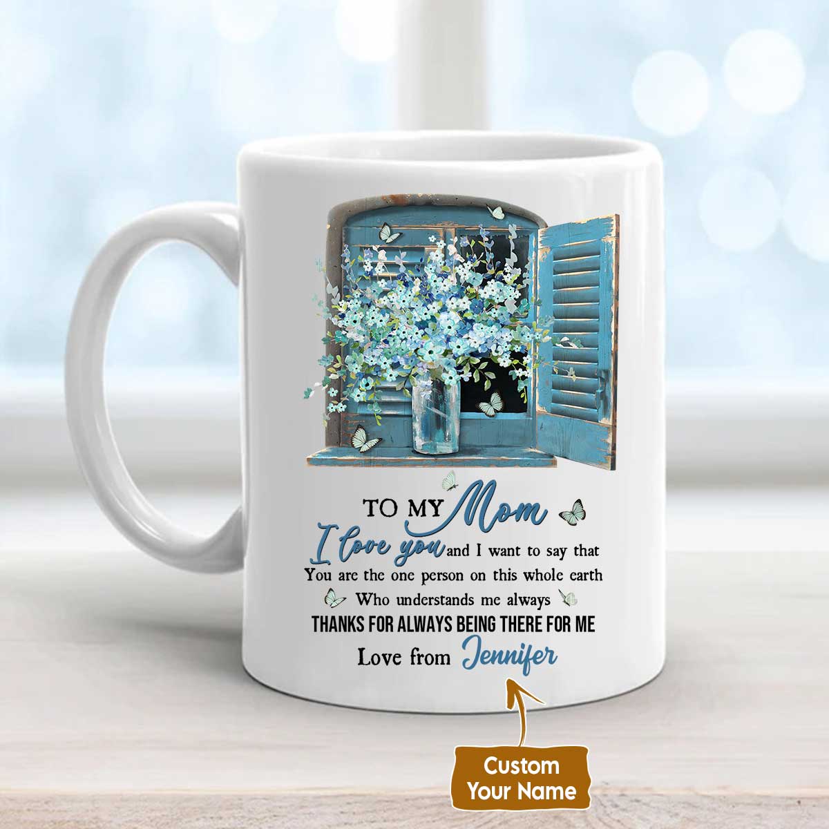 Gift For Mom Personalized Mug - Daughter to mom, Beautiful flower vase, Vintage window Mug- Custom Gift For Mother's Day, Presents for Mom