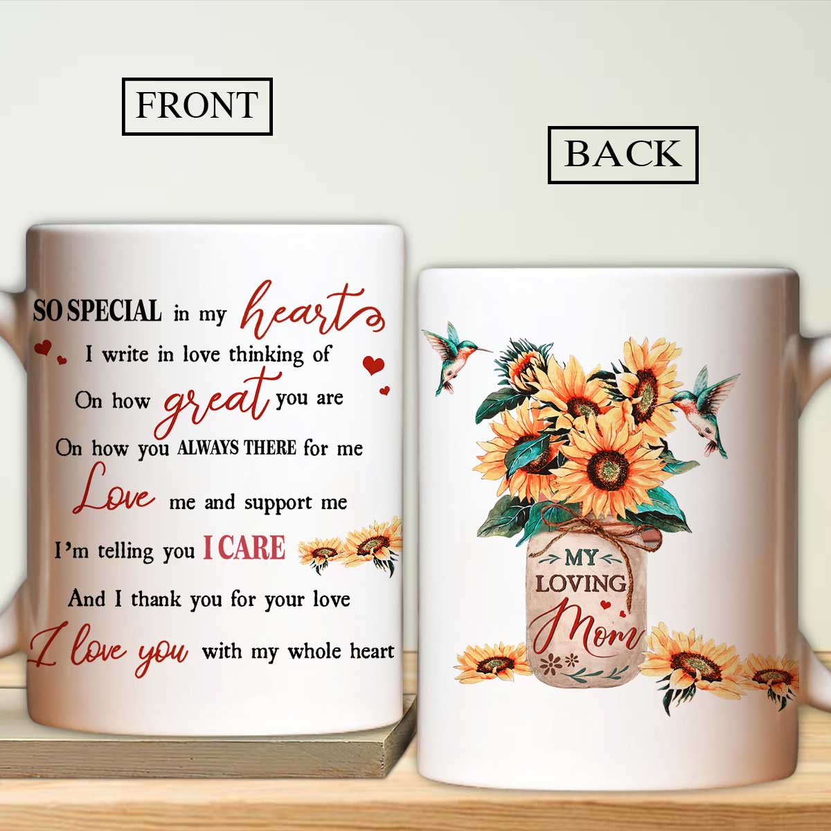 Gift For Mom Mug - Daughter to mom, Sunflower vase, Pink background Mug ,I love you with my whole heart Mug - Gift For Mother's Day, Presents for Mom