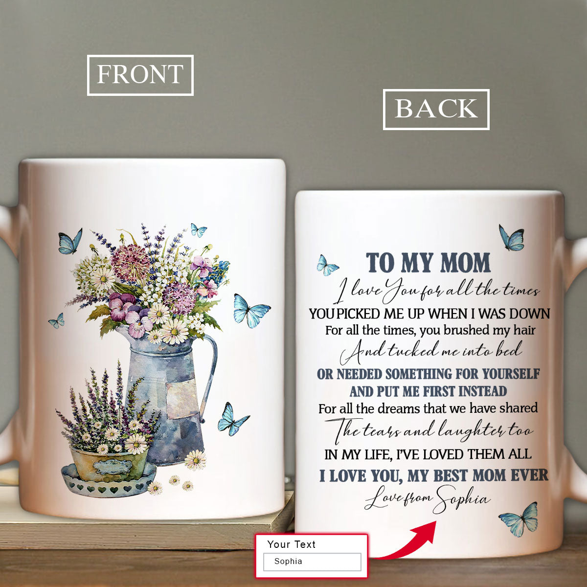Gift For Mom Personalized Mug- Daughter to mom, Flower vase, Blue butterfly Mug- Custom Gift For Mother's Day, Presents for Mom