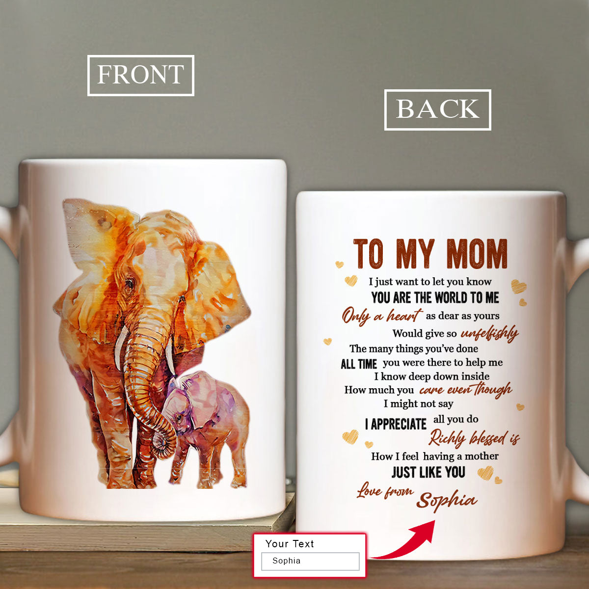Gift For Mom Personalized Mug - Son to mom, Watercolor elephant Mug - Custom Gift For Mother's Day, Anniversary, Presents for Mom - You are the world