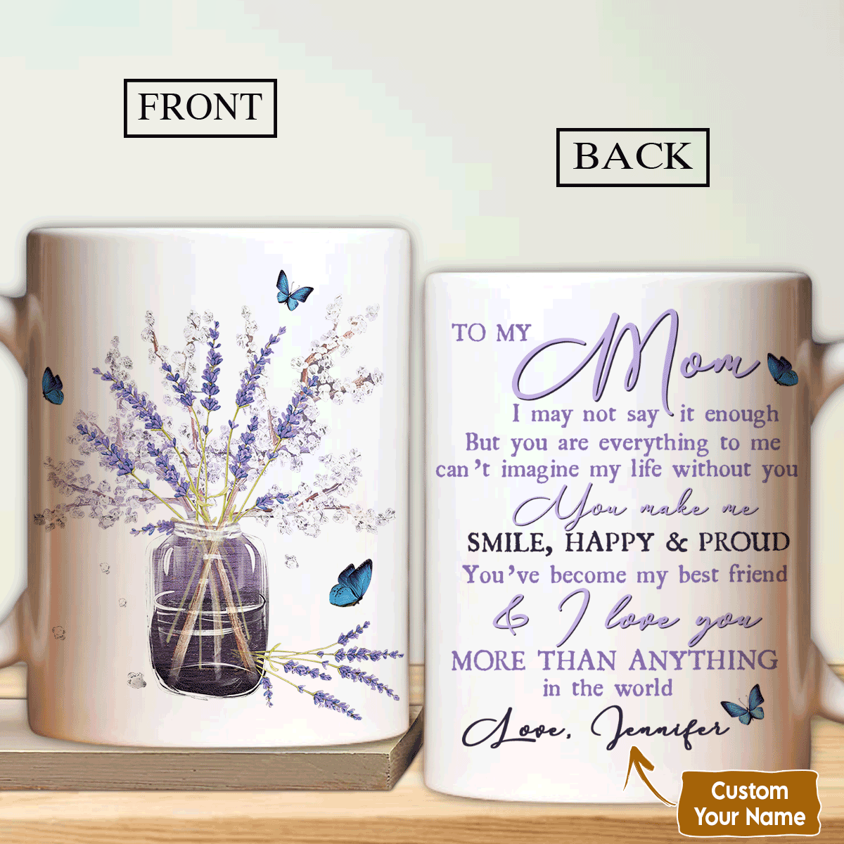 Gift For Mom Personalized Mug - Daughter to mom, Lavender flower, Blue butterfly Mug - Custom Gift For Mother's Day, Anniversary, Presents for Mom
