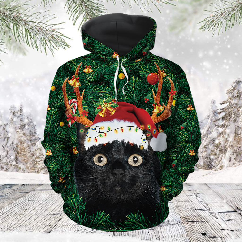 Funny Black Cat Deerhorn Pullover Premium Hoodie Merry Christmas, Perfect Outfit For Men And Women On Christmas New Year Autumn Winter