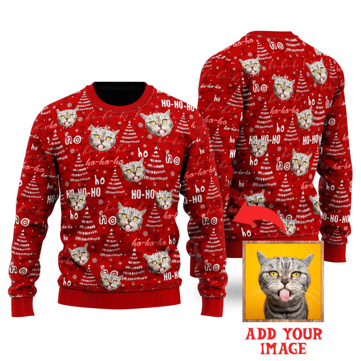 Custom Photo Funny Cat On Red Sweater, Ugly Sweater For Men & Women, Perfect Outfit For Christmas New Year Autumn Winter