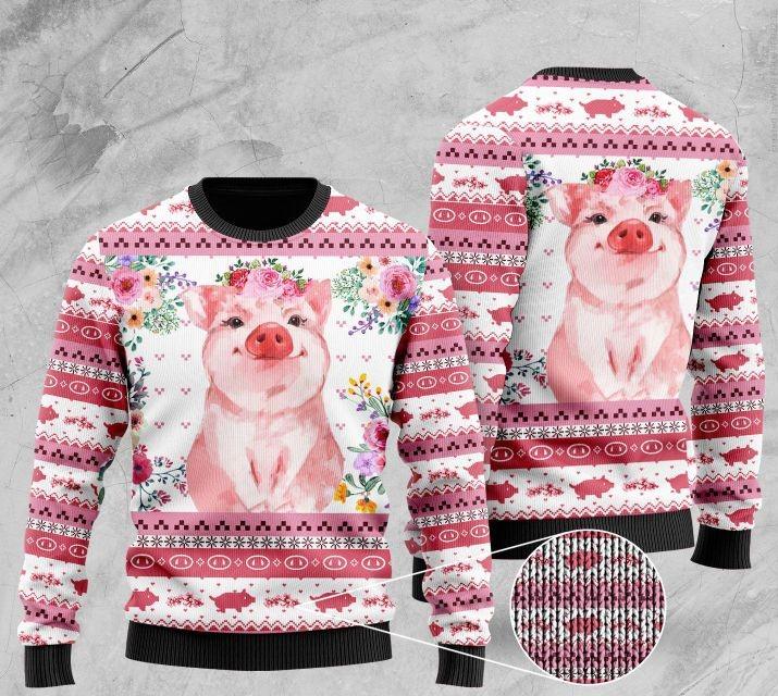 Floral Pink Piggy Sweater, Ugly Sweater For Men & Women, Perfect Outfit For Christmas New Year Autumn Winter