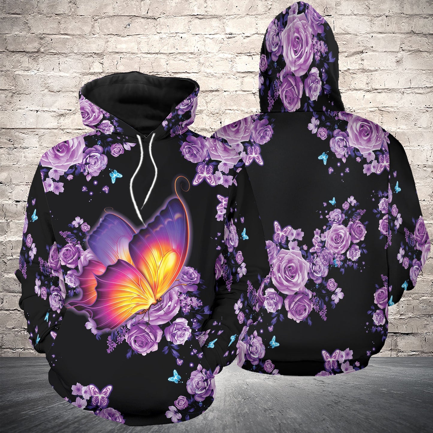 Pink Flower Butterfly Pullover Premium Hoodie, Perfect Outfit For Men And Women On Christmas New Year Autumn Winter