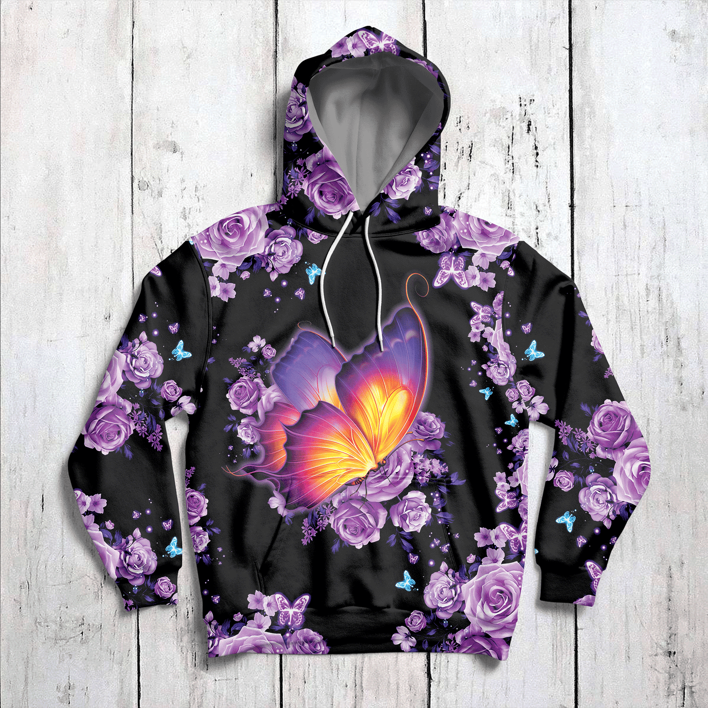 Pink Flower Butterfly Pullover Premium Hoodie, Perfect Outfit For Men And Women On Christmas New Year Autumn Winter
