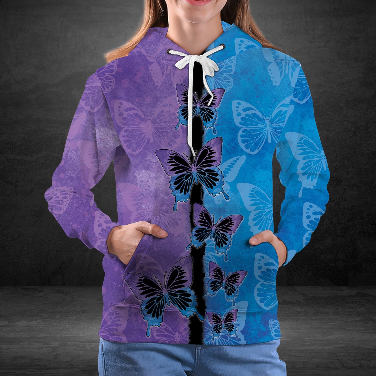Purple Blue Butterfly Pullover Premium Hoodie, Perfect Outfit For Men And Women On Christmas New Year Autumn Winter
