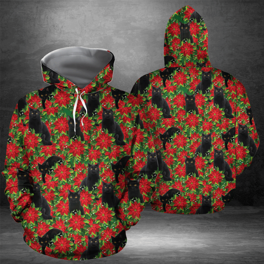 Black Cat Christmas Flower Pullover Premium Hoodie, Perfect Outfit For Cat Lover Men And Women On Christmas New Year Autumn Winter