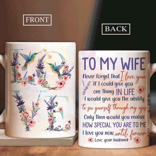 Couple AOP Mug - Anniversary, Valentine's Day Gift For Husband, Wife, Partner, Couple - Lavender Hummingbird, To My Wife, I Love You Until Forever
