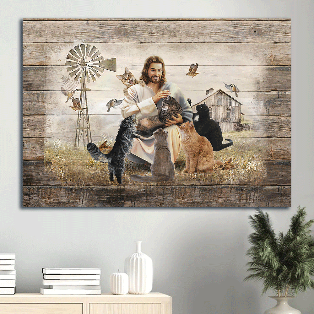Jesus Landscape Canvas- Jesus Painting, Cats, Tranquil farm - Gift for Christian - Landscape Canvas Prints, Wall Art