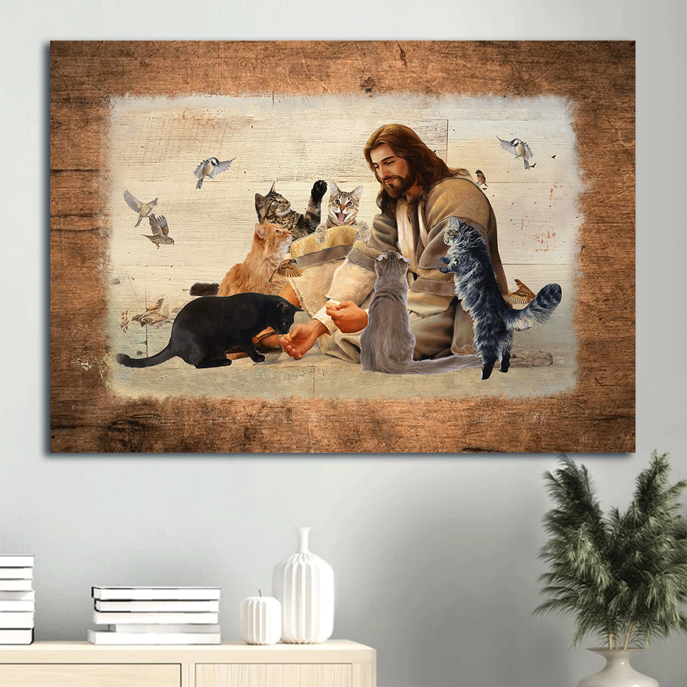 Jesus Landscape Canvas- Jesus painting, Playing with cats, Hummingbird painting- Gift for Christian - Landscape Canvas Prints, Wall Art
