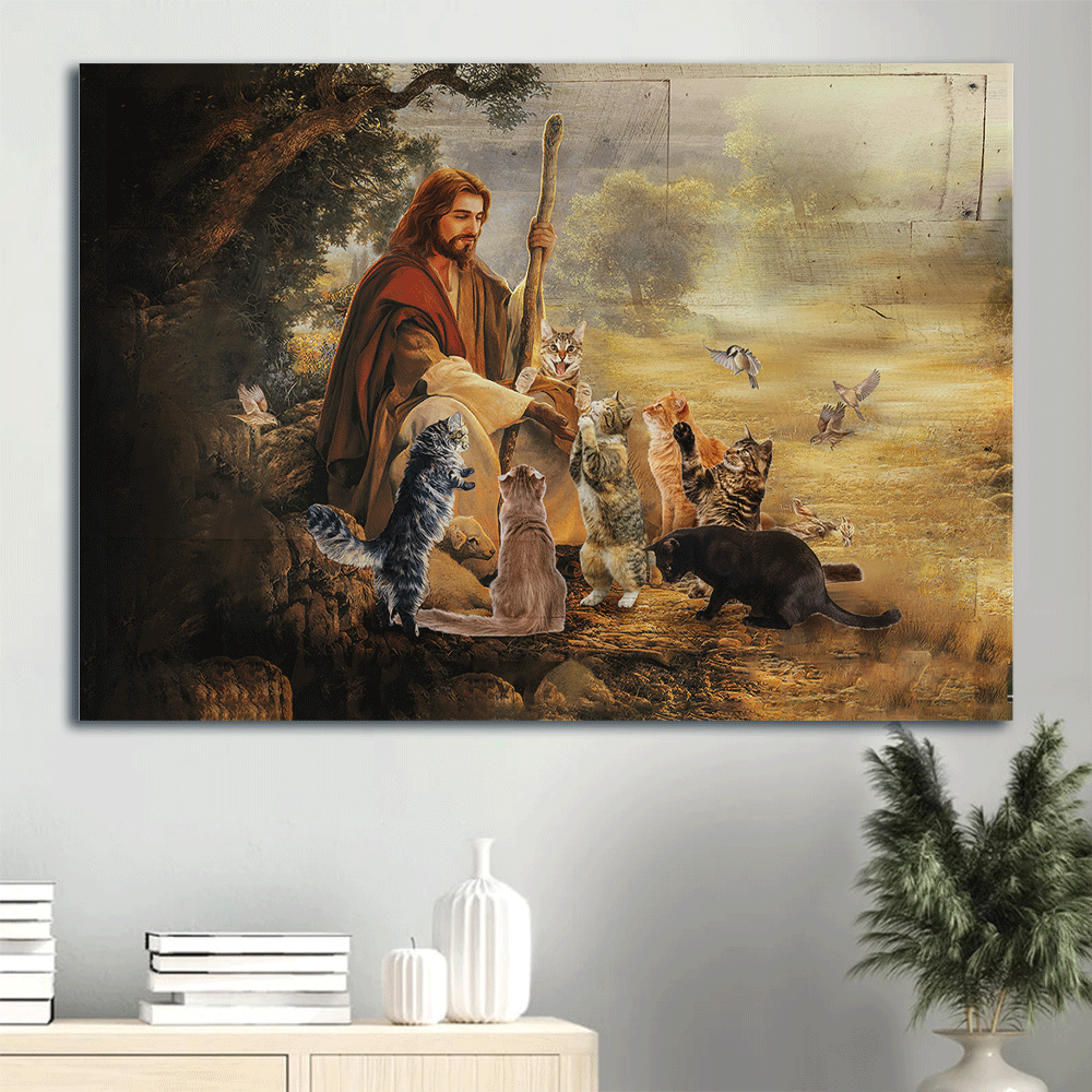 Jesus Landscape Canvas- Jesus painting, Cats drawing, A peaceful day with cats- Gift for Christian -  Landscape Canvas Prints, Christian Wall Art
