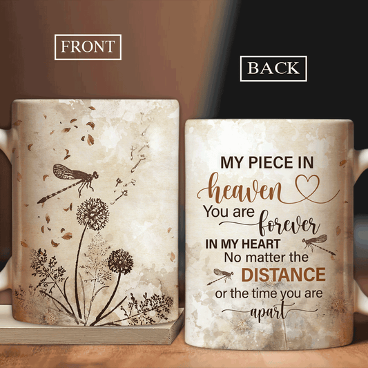 Memorial Mug - Vintage, Dragonfly painting, Dandelion - Gift for members family - You are forever in my heart - Heaven White Mug.