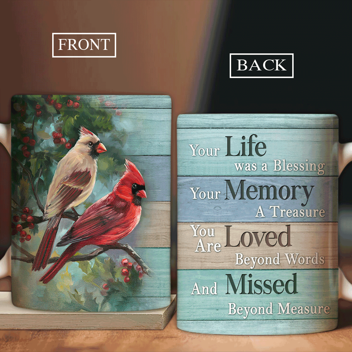 Memorial White Mug - Watercolor cardinal, Cranberry tree, Nature artwork - Gift for members family - Your life was a blessing - Heaven White Mug.