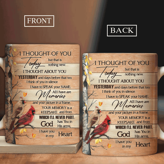 Memorial White Mug - Yellow forest painting, Cardinal drawing - Gift for members family - I thought of you today - Heaven White Mug.