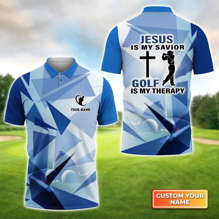 Customized Golf Men Polo Shirts, Blue Pattern Jesus Is My Savior Golf Is My Therapy, Personalized Golf Polo Shirt For Men - Best Gift For Golf Lovers