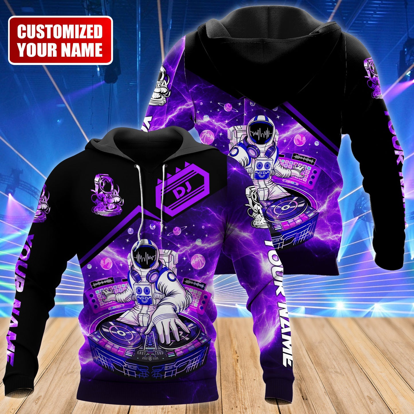 Personalized Name Disc Jockey Hoodie - Custom Name DJ Hoodie, DJ Astronaut Purple Hoodie, Perfect DJ Hoodie for Men & Women