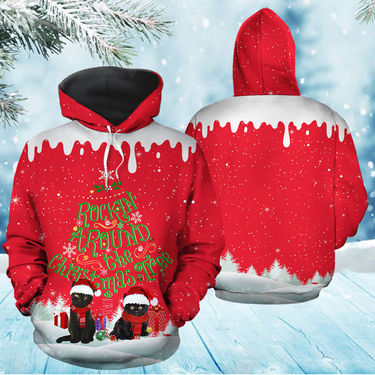 Black Cat Pullover Premium Hoodie Rocking Around The Christmas Tree , Perfect Outfit For Men And Women On Christmas New Year Autumn Winter