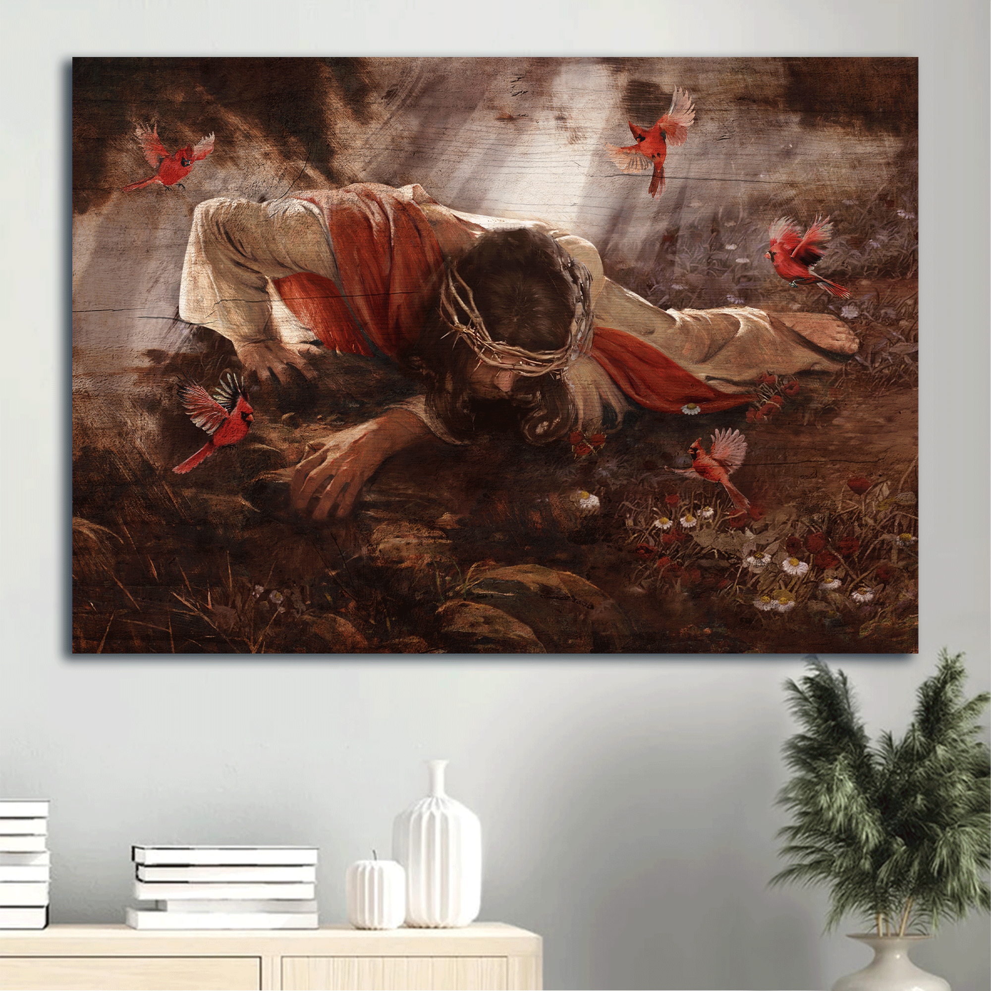 Jesus Landscape Canvas - Red cardinal, Jesus painting, Daisy flower, Crown of thorns, In the darkness Landscape Canvas - Gift For Christian Canvas Prints, Christian Wall Art