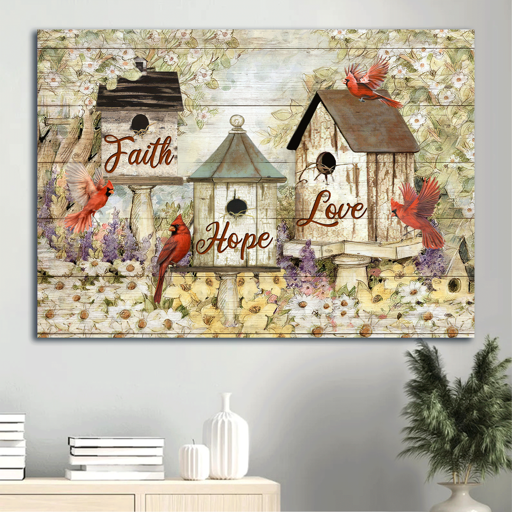Jesus Landscape Canvas - Red cardinals, Bird house, Flower garden, Faith hope love Landscape Canvas - Gift For Christian Canvas Prints, Christian Wall Art