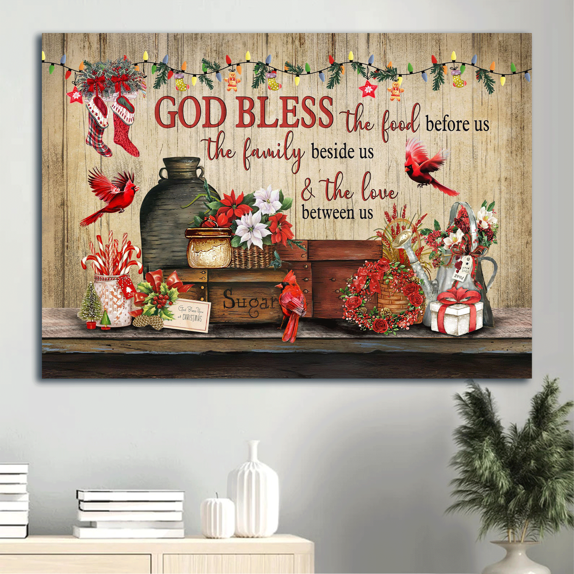 Jesus Landscape Canvas - Merry Christmas, Red Cardinal, Colorful Flower, Pretty Christmas Gift Box- Gift For Christian - God Bless The Food Before Us, The Family Beside Us & The Love Between Us
