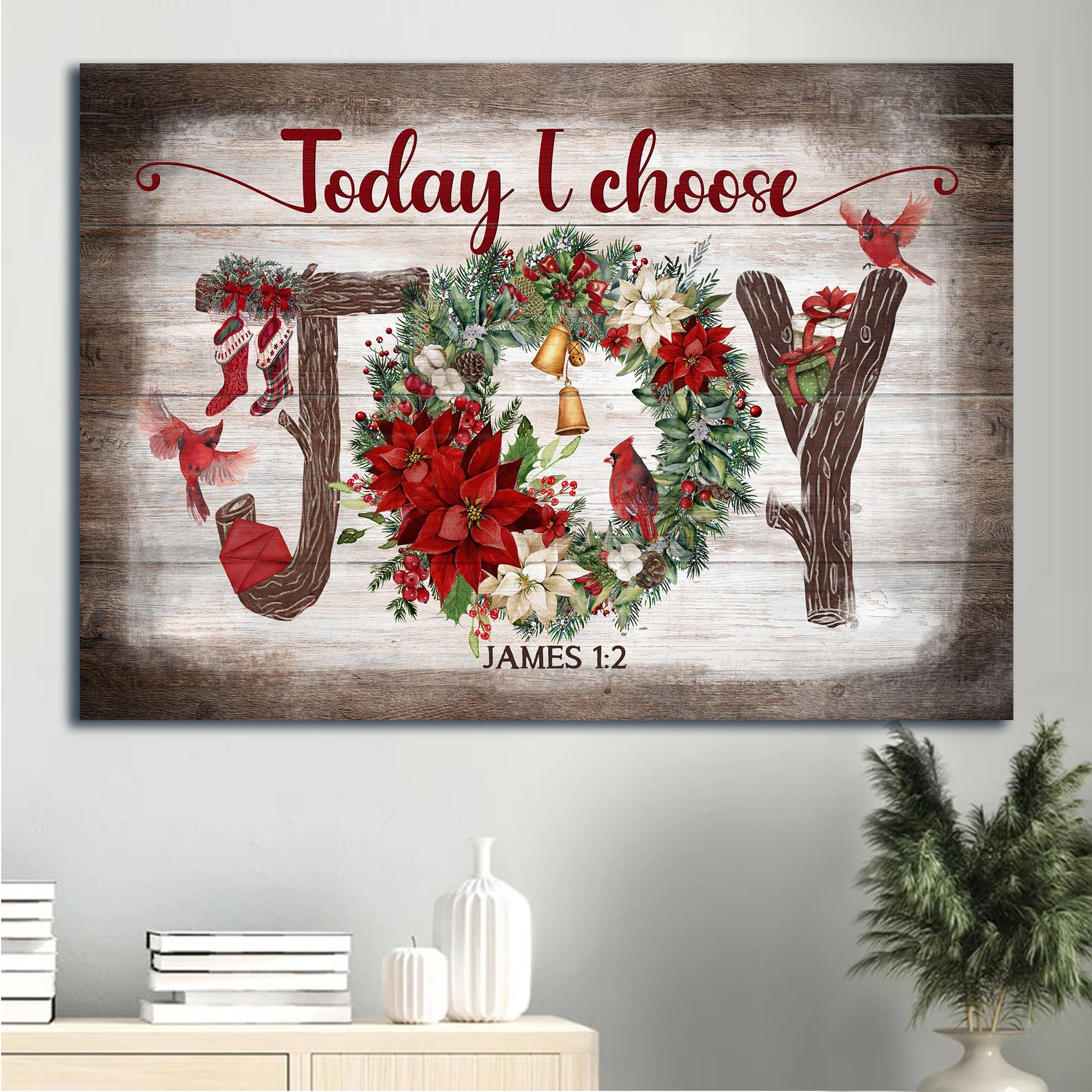 Jesus Landscape Canvas - Christmas Wreath, Red Cardinal, Pretty Christmas Gift Box, Wooden Background Landscape Canvas - Gift For Christian - Today I Choose Joy