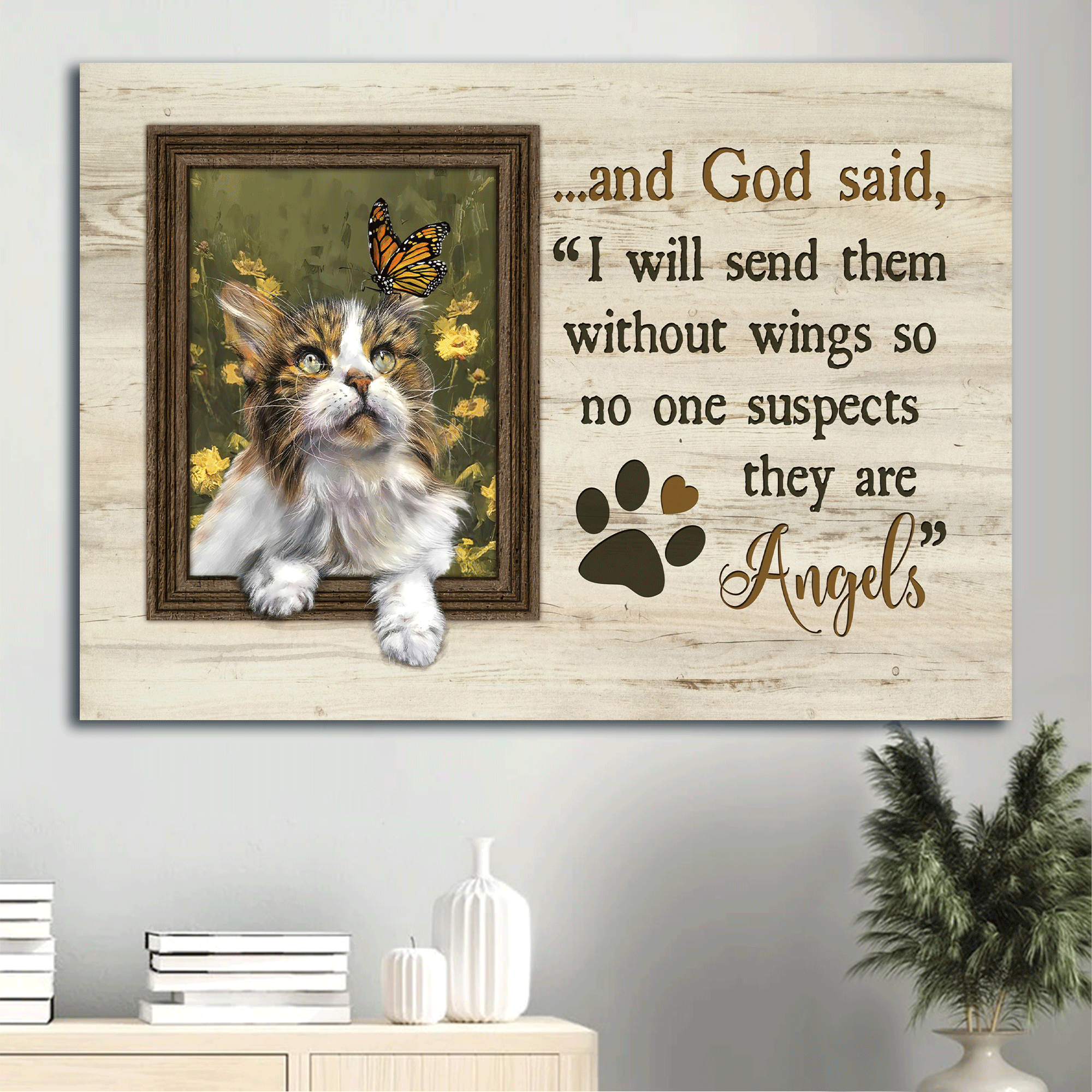 Jesus Landscape Canvas - Pretty cat, Yellow flower field, Small window Canvas - Gift for Christian, Pet lovers - I will send them without wings Landscape Canvas