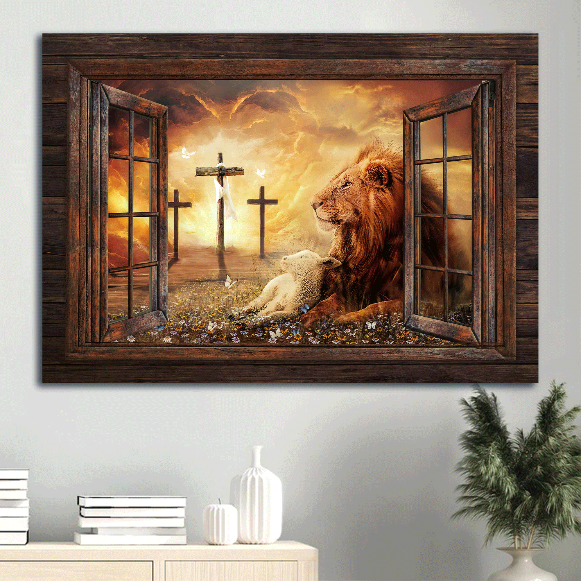 Jesus Landscape Canvas - Lion of Judah, Lamb of God, Three rugged crosses, On a peaceful day Landscape Canvas - Gift For Christian Landscape Canvas