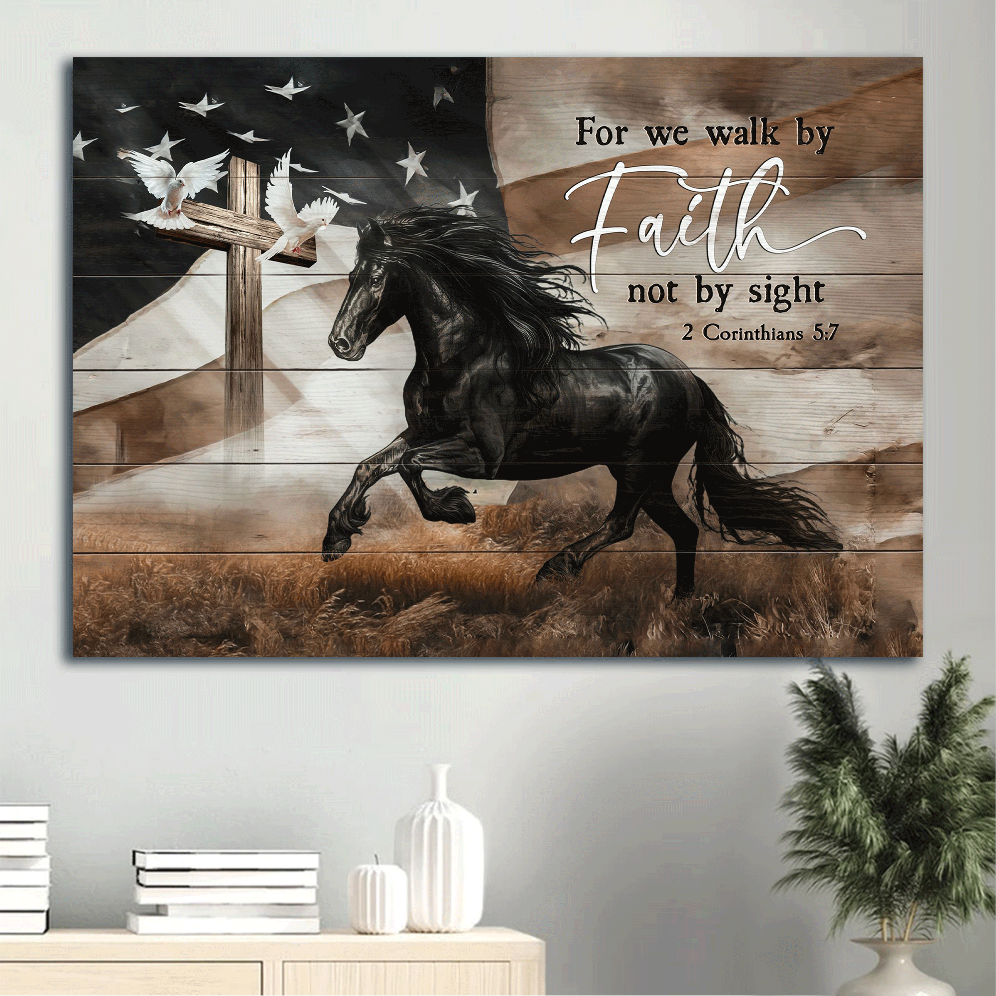 Jesus Landscape Canvas- Black horse, The US flag, Dove, Wooden Cross- Gift for Christian- For we walk by faith - Landscape Canvas Prints, Wall Art