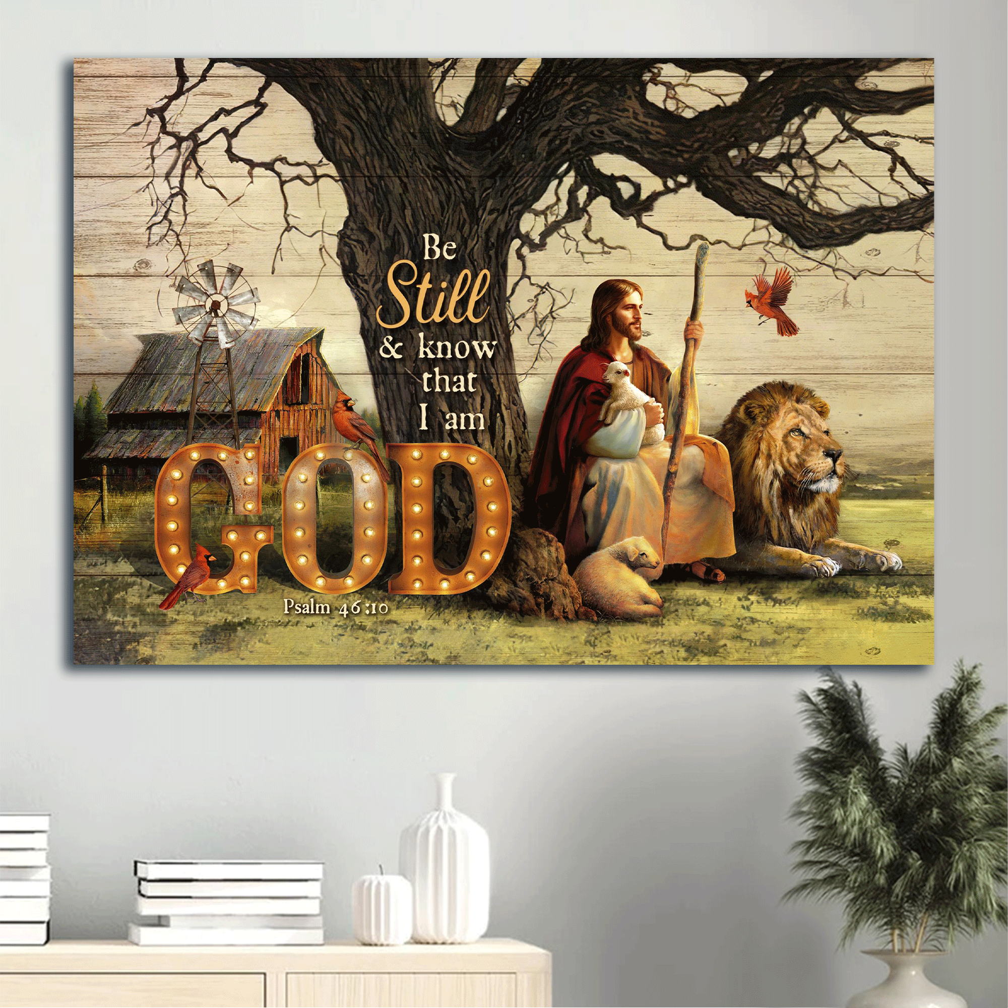 Jesus Landscape Canvas - Lion of Judah, Lamb of God, Red cardinal Canvas - Gift for Christian - Be still and know that I am God Landscape Canvas