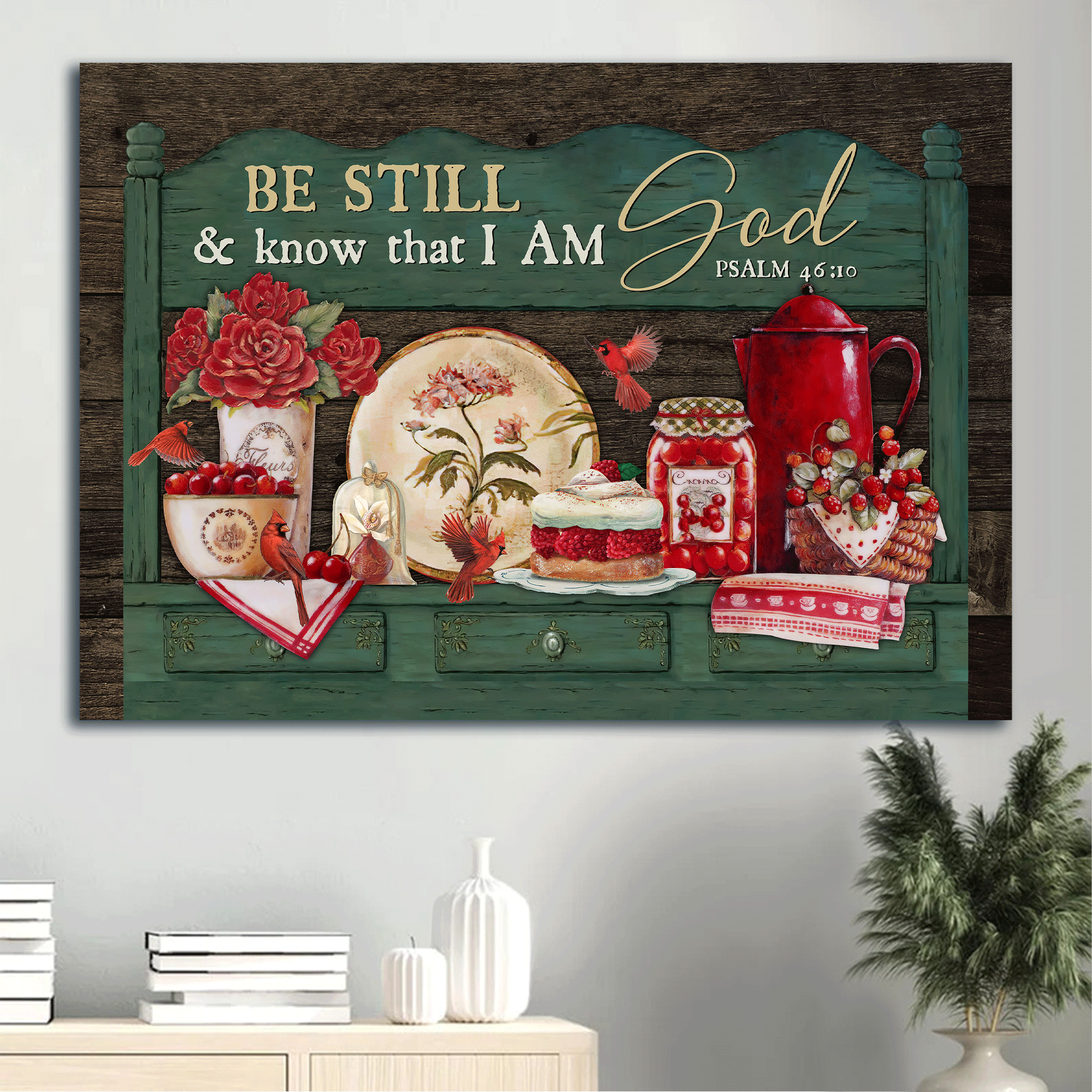 Jesus Landscape Canvas- Beautiful kitchen, Christmas Eve, Red cardinal canvas- Gift for Christian- Be still and know that I am God