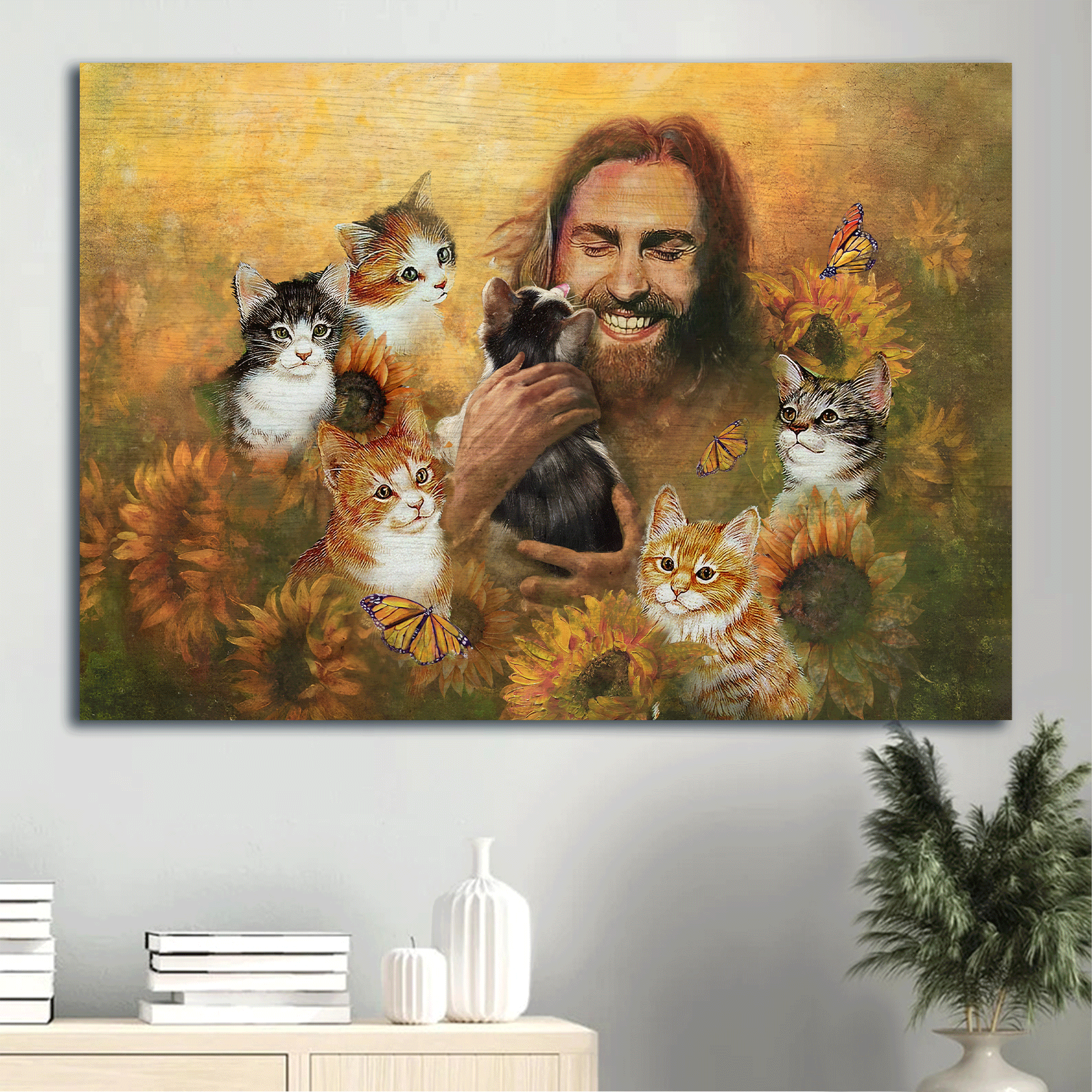 Jesus Landscape Canvas - Lovely cats, Sunflower field, Monarch butterfly, Jesus Christ among animals Landscape Canvas - Gift For Christian  Landscape Canvas Prints, Home Decor Wall Art