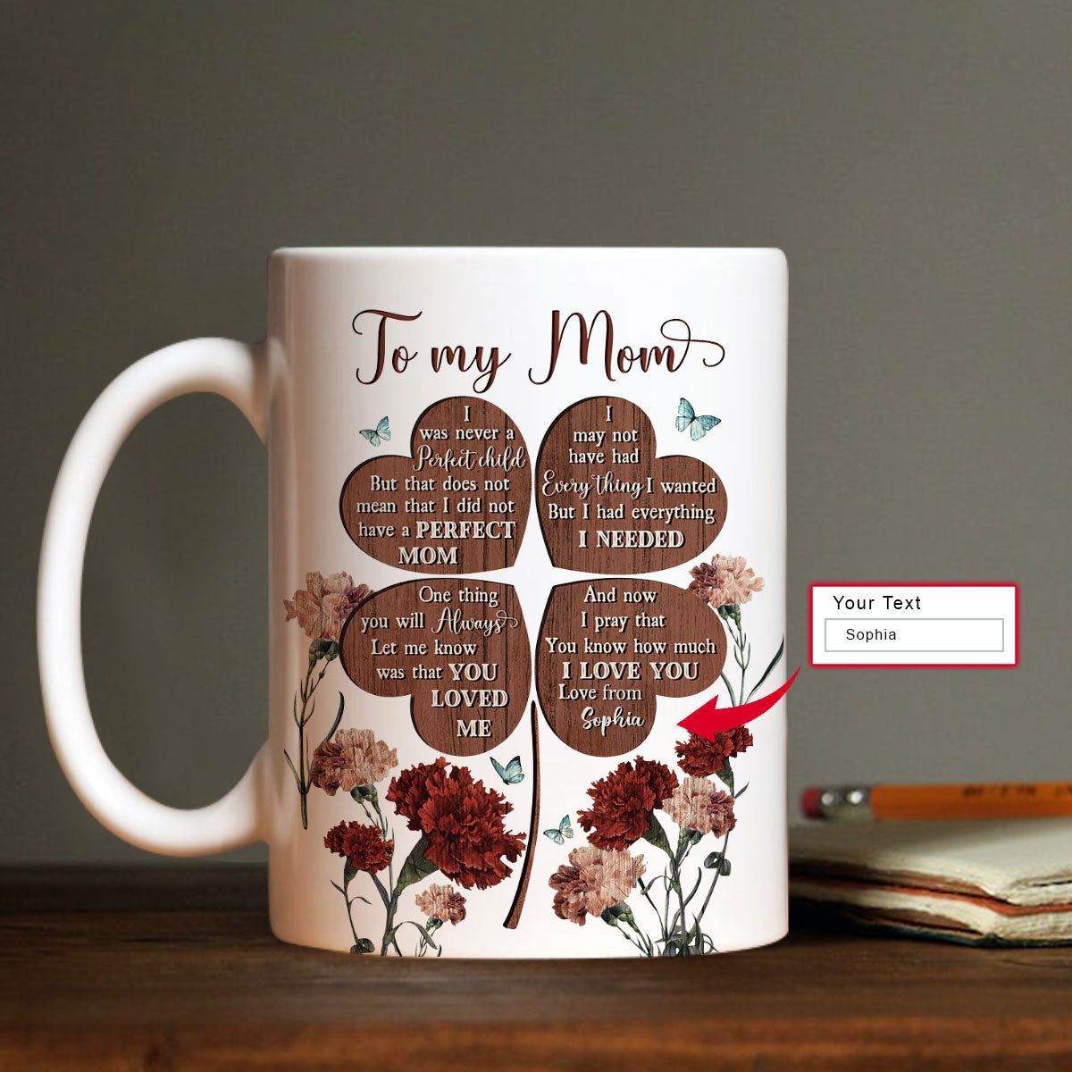 Gift For Mom Personalized Mug - Daughter to mom, Blue butterfly, Carnation Mug - I love you mom Mug - Custom Gift For Mother's Day, Anniversary