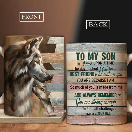Family AOP Mug, Son And Dad Mug - Gifts For Son From Dad, Family Gift - Wolf Drawing, Always Remember You Are Strong Enough To Face All Challenges Mug