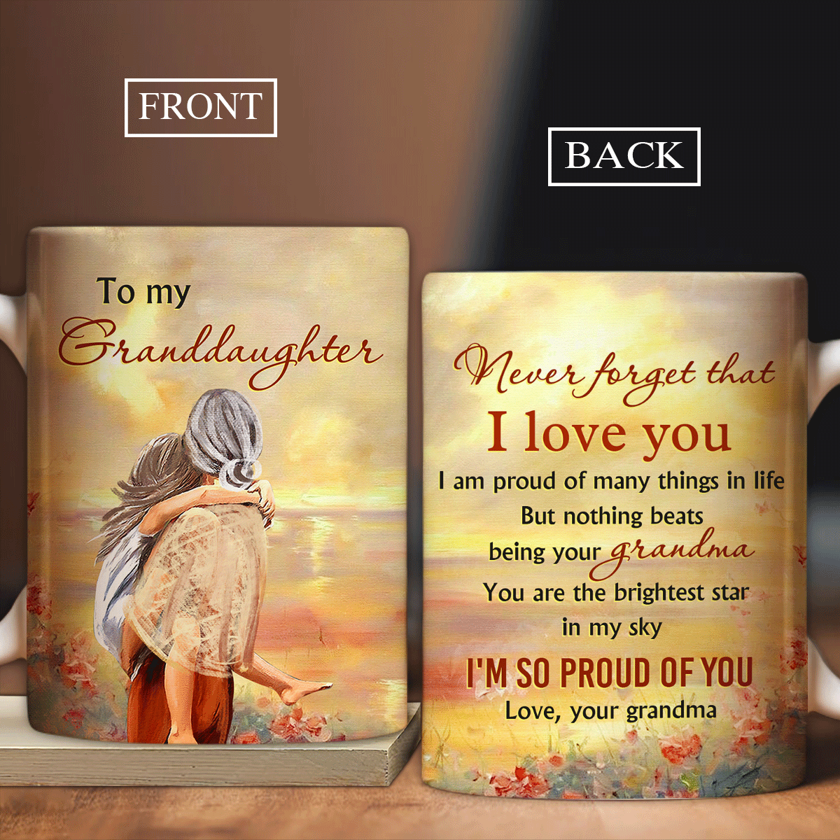 Granddaughter Coffee Mug, Family AOP Mug, Perfect Gift For Granddaughter From Grandma - Beautiful Sunset Mug, Never Forget That I Love You Coffee Mug