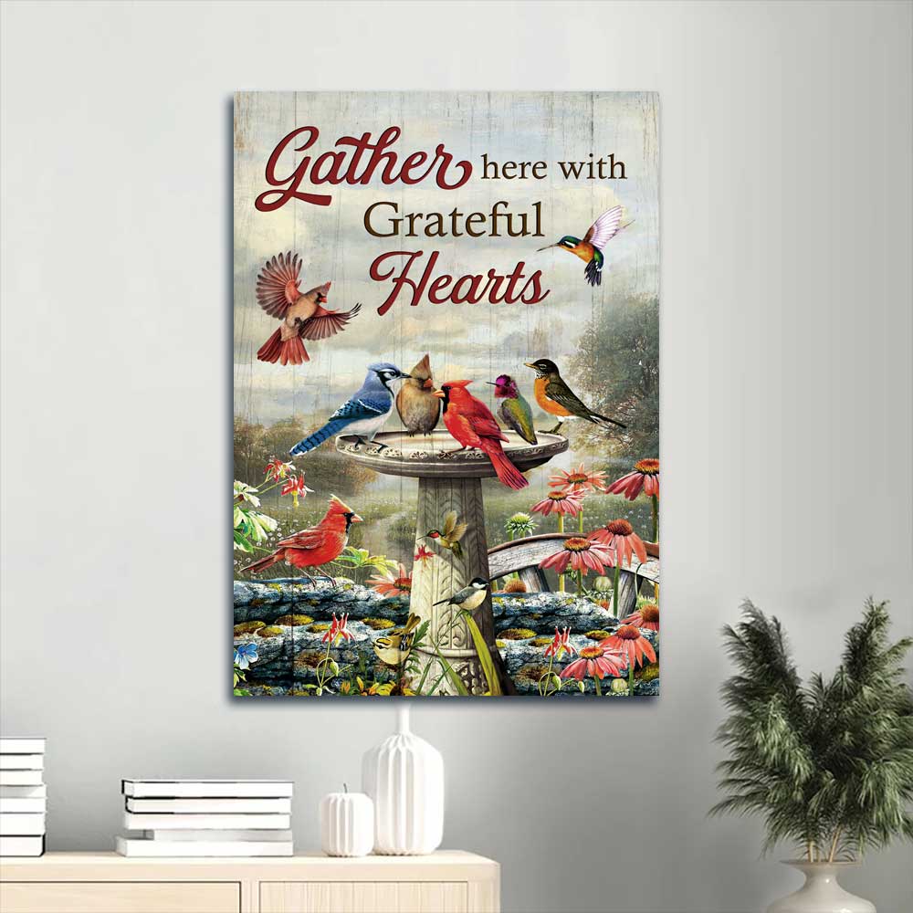 Jesus Portrait Canvas - Northern Cardinal, Hummingbirds, Rock water fountain Canvas - Gift for Christian - Gather here with grateful hearts Portrait Canvas Prints, Christian Wall Art