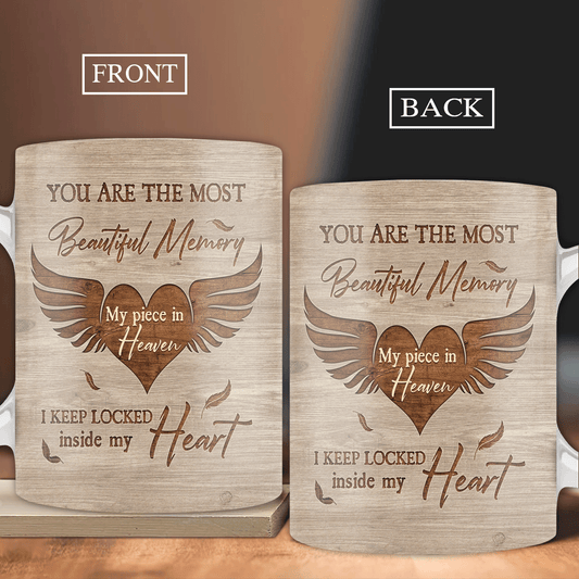 Memorial Mug- Angel Wings Painting, Wooden Heart- Gift For Member Family- You Are The Most Beautiful Memory - Heaven AOP Mug
