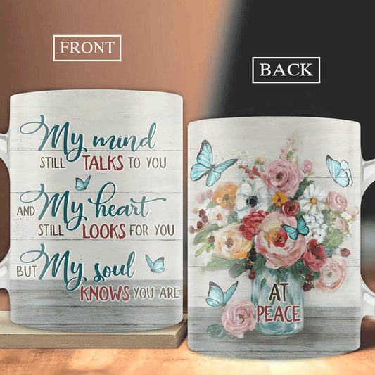 Memorial AOP Mug - Brilliant flower painting, Blue butterfly, Pink rose - Gift For Member Family - My mind still talks to you - Heaven AOP Mug