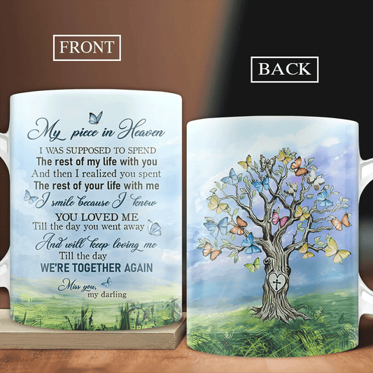 Memorial Mug - Colorful butterfly, Beautiful sky, Old tree - Gift for members family - I realized you spent the rest of your life with me Heaven Mug