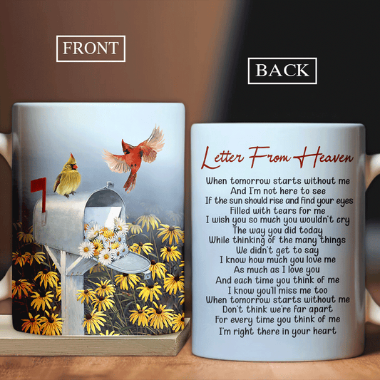 Memorial White Mug - Daisy flower field, Watercolor cardinal, Letter box - Gift for members family - Letter from heaven - Heaven White Mug.