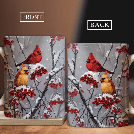 Memorial White Mug - Frozen cranberry, Watercolor cardinal, Winter painting, White snow - Gift for members family - Heaven White Mug.