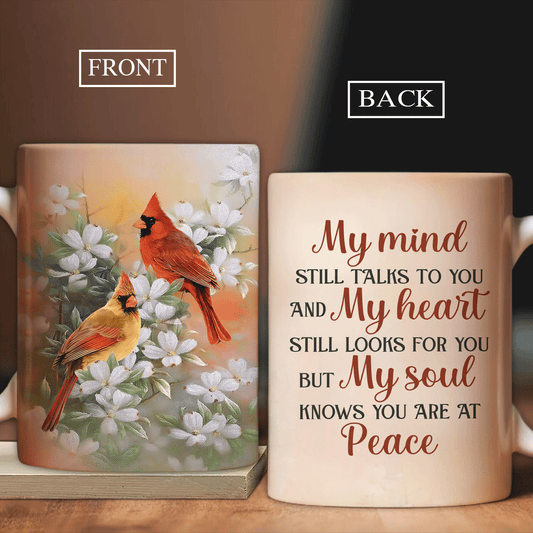 Memorial White Mug - Jasmine flower, Red cardinal drawing, Spring painting - Gift for members family - My mind still talks to you - Heaven White Mug.
