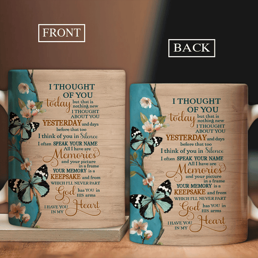 Memorial White Mug - Mint butterfly, Peach blossom, Spring drawing - Gift for members family - I thought of you today - Heaven White Mug.