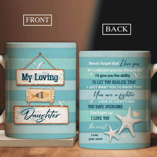 Family AOP Mug, Daughter And Mom Mug - Gifts For Daughter From Mom - Mom To Daughter, Wooden Sign, Colorful Fish, Never Forget That I Love You Mug