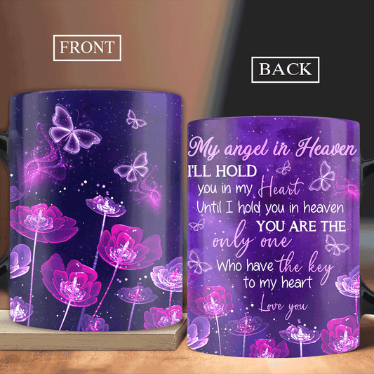 Memorial White Mug - Purple flower, Purple butterfly - Gift for members family - You are the only one who have the key to my heart - Heaven White Mug.
